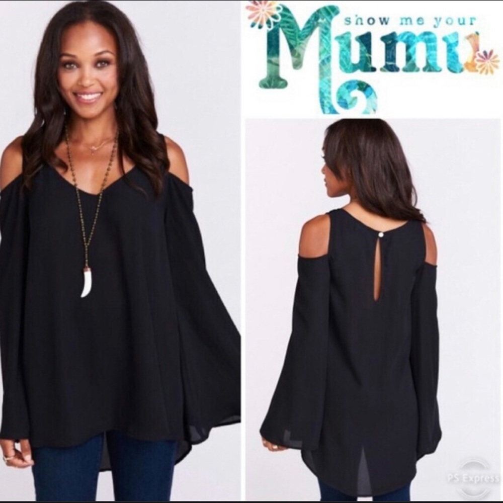 SMYM Black Satin Bell Sleeve Top